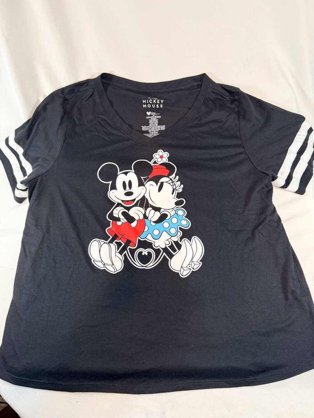 Disney Mickey Mouse Minnie Mouse Women's Plus 2X Black V-Neck Striped Sleeve Gra